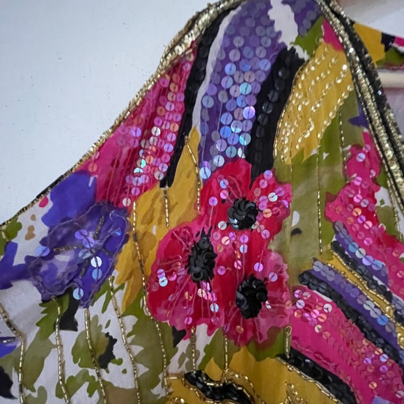 Vintage Judith Ann Creations Floral Silk Dress with Hand Sewn Sequins & Beading - Picture 8 of 13